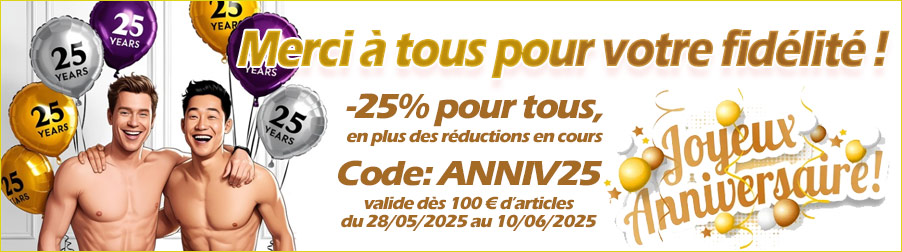 Promotion -25 € dès 100 € d'achats sexshop AGayN en port gratuit